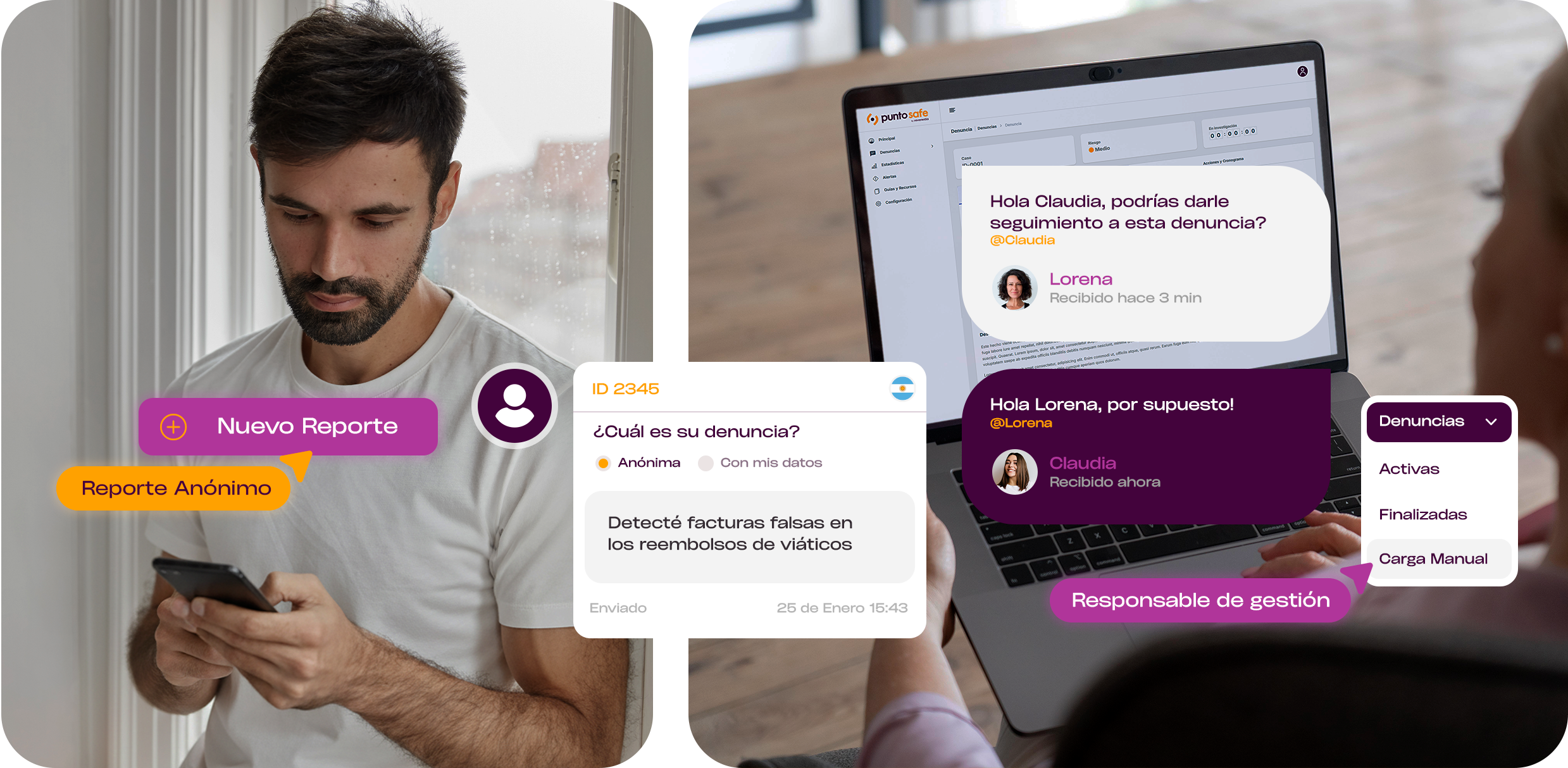 Plataforma PuntoSafe: una persona envía un reporte anónimo desde el celular y el equipo responsable le da seguimiento en la computadora